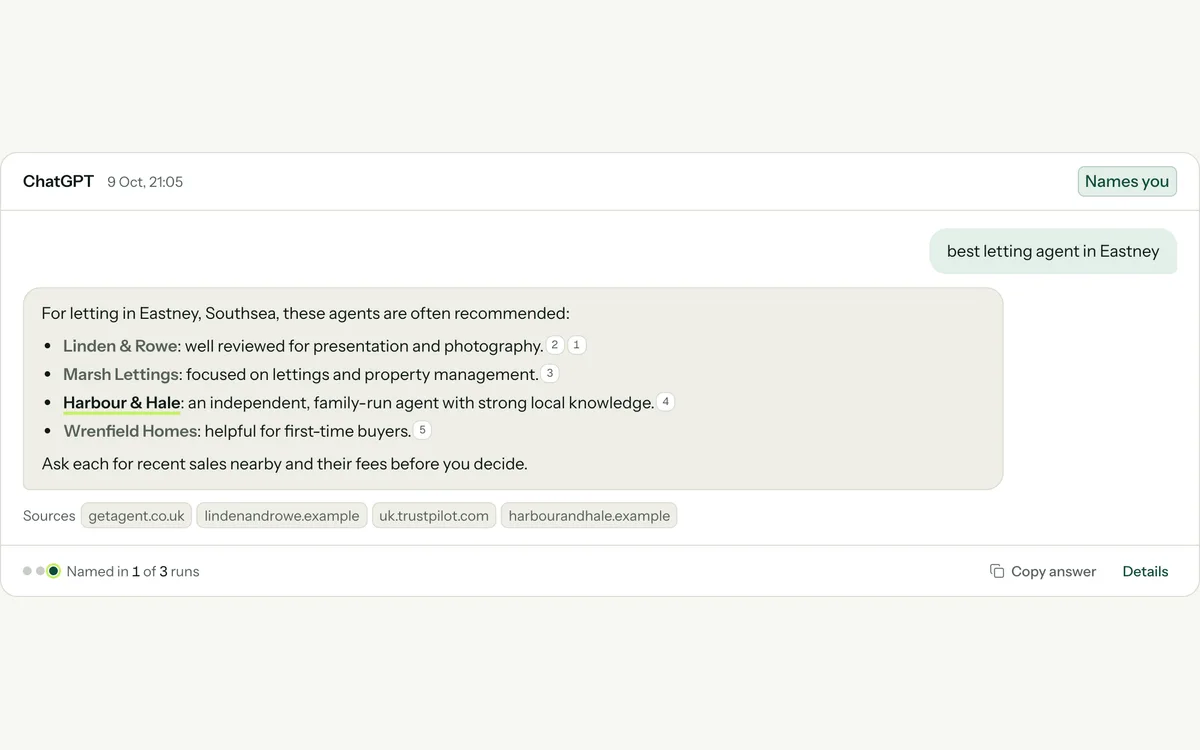 An AI answer shown as a conversation, with the agency's name highlighted and run dots below